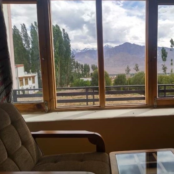 View of garden from room at Orion Home guesthouse in Leh, Ladakh, India.. 